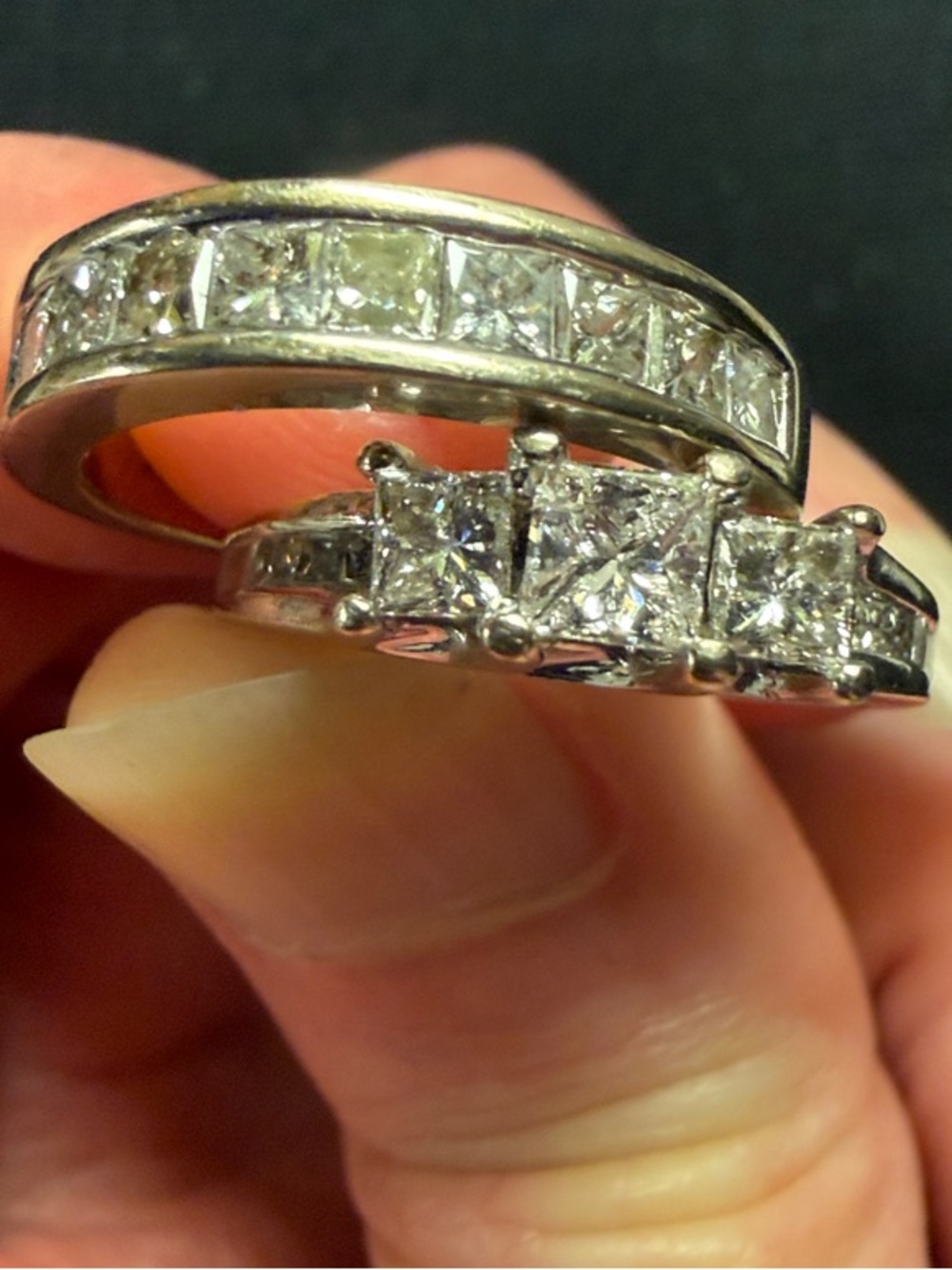 Vintage 14k White Gold  3 diamond Bridal Ring Set